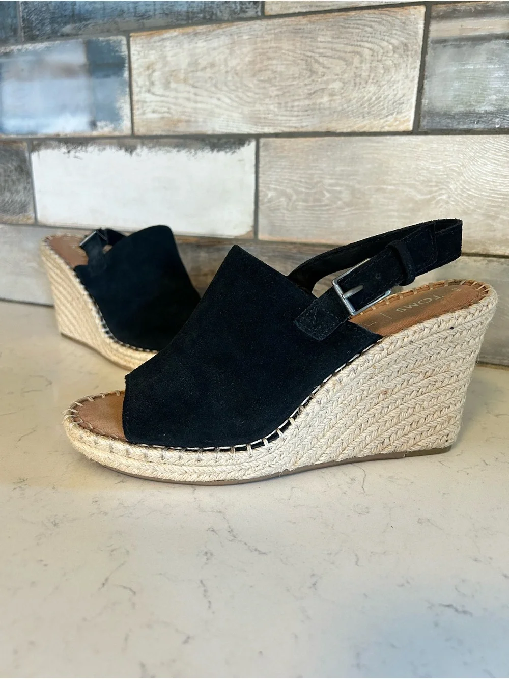 TOMS Monica Black Suede Leather Wedge Espadrille Sandals